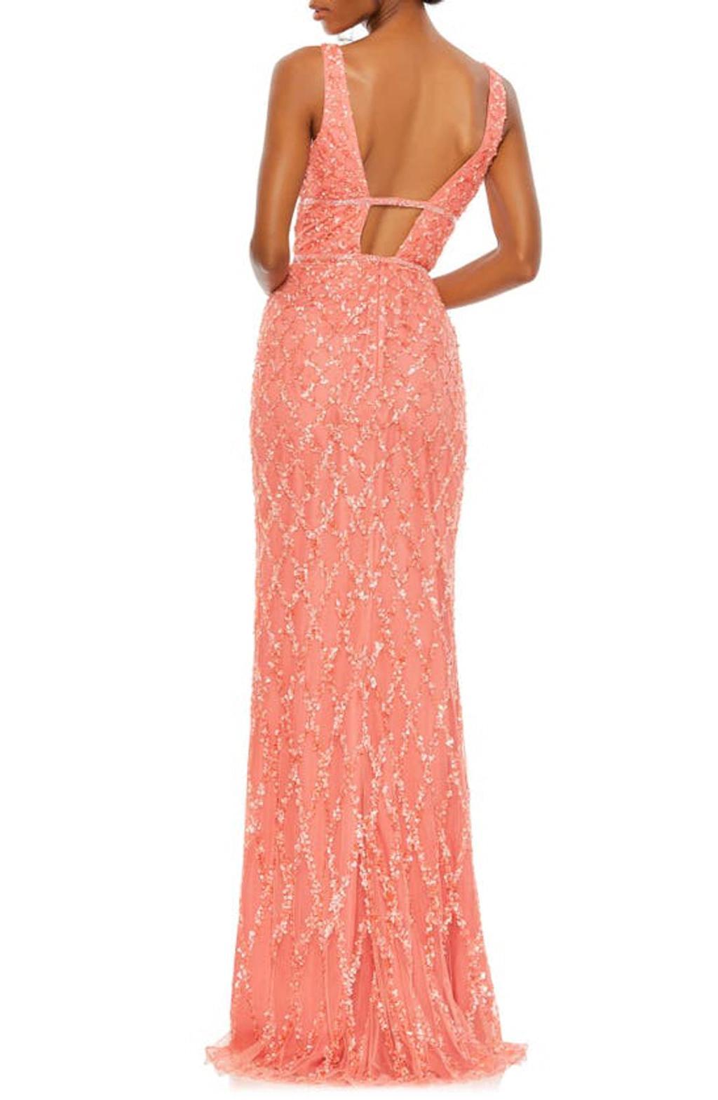 Sequined Plunge Neck Sleeveless Column Gown In Coral Product Image