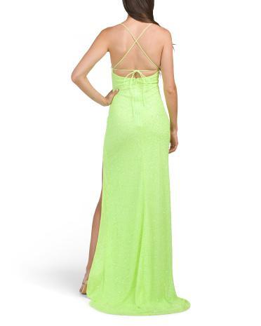 Shimmer V-neck Gown With Slit for Women Product Image