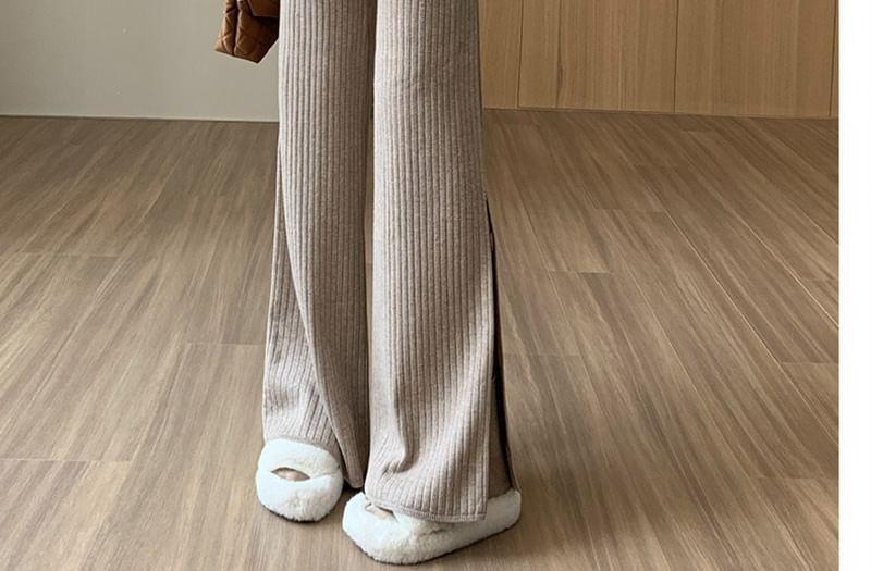 High Rise Button Hem Ribbed Wide Leg Knit Pants Product Image