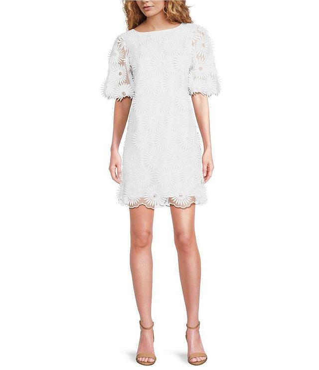 Trina Turk Luv 2 Woven Boat Neck Puff Sleeve Flower Embroidered Sheath Dress Product Image