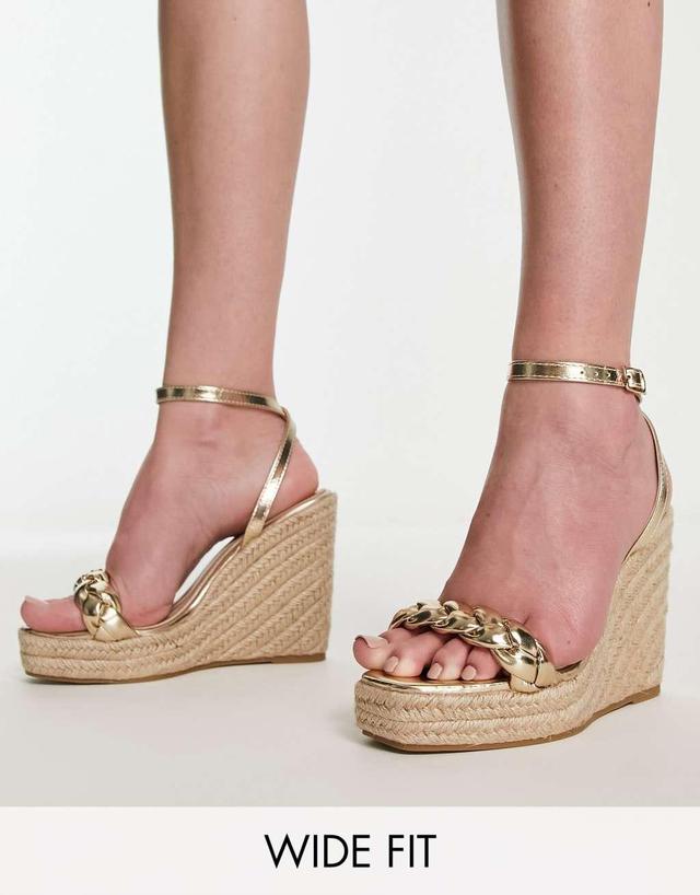 Glamorous Wide Fit espadrille wedge heeled sandals in gold Product Image