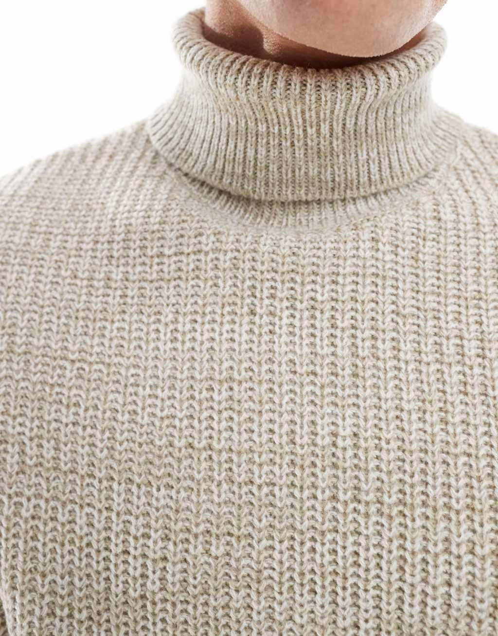 ASOS DESIGN oversized knit fisherman ribbed turtleneck sweater in oatmeal twist Product Image