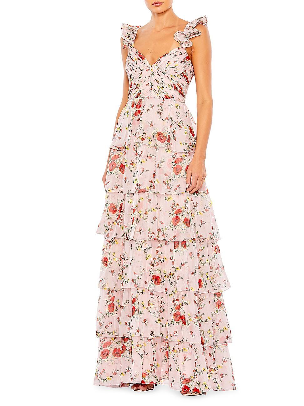 Mac Duggal V-Neck Ruffled Strap Tiered Floral Print Gown Product Image