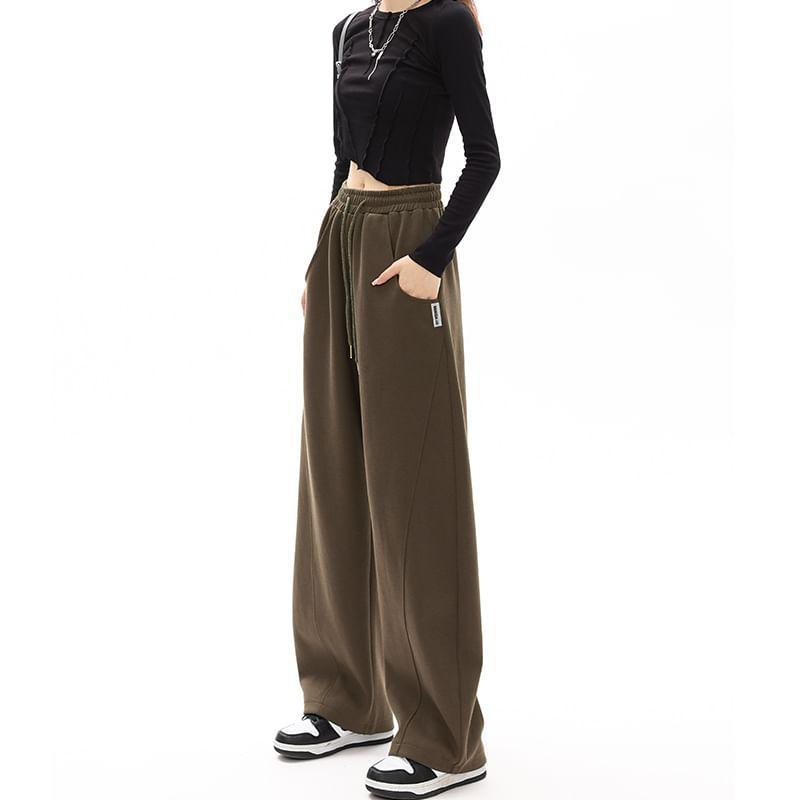 Mid-Waist Drawstring Pocketed Wide-Leg Plain Sweatpants Product Image