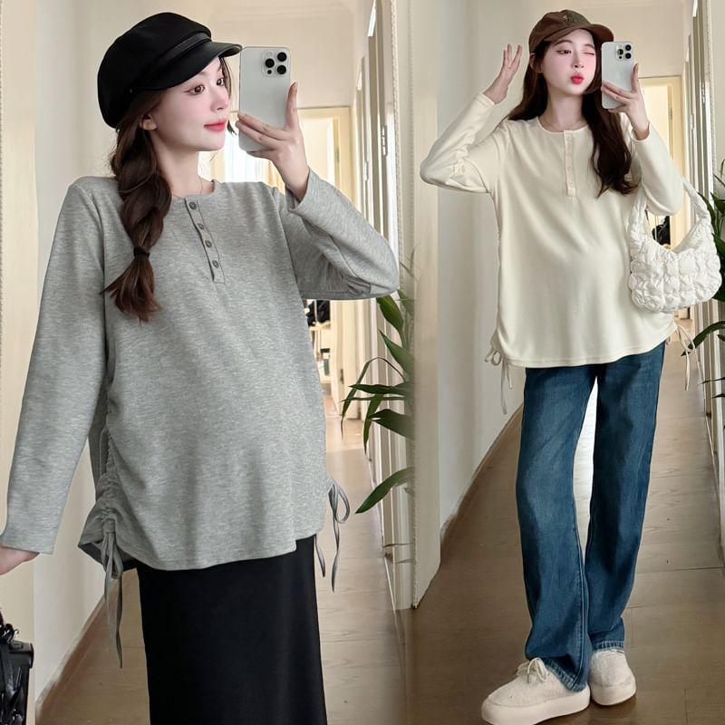 Maternity Long-Sleeve Henley Plain Drawstring Tee Product Image