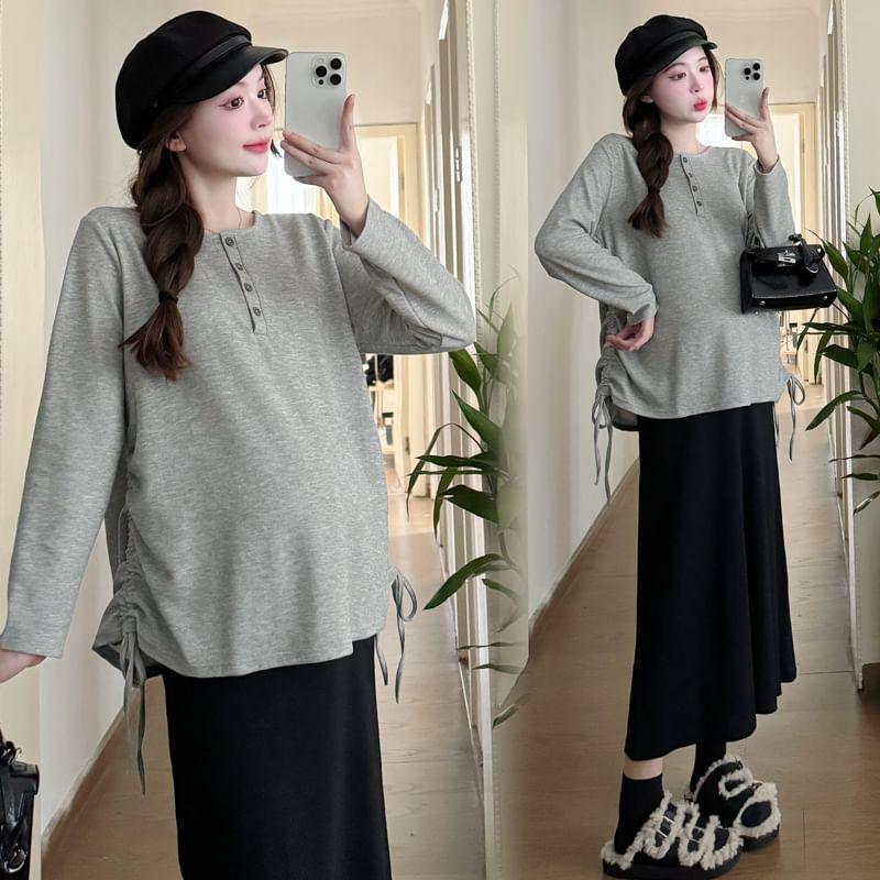 Maternity Long-Sleeve Henley Plain Drawstring Tee Product Image