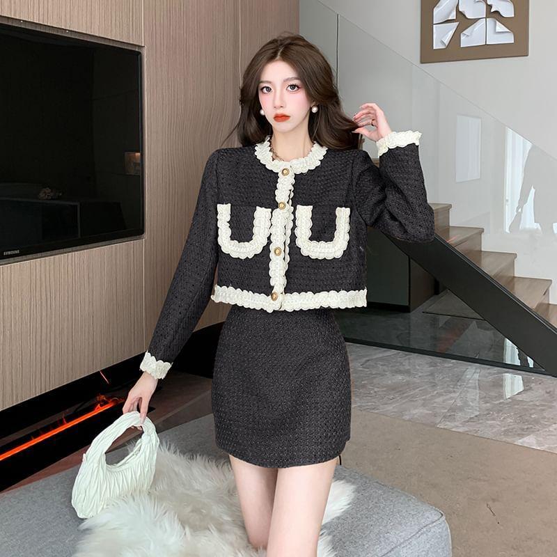 Set: Lace Trim Button-Up Jacket + High Rise Tweed Mini A-Line Skirt Product Image