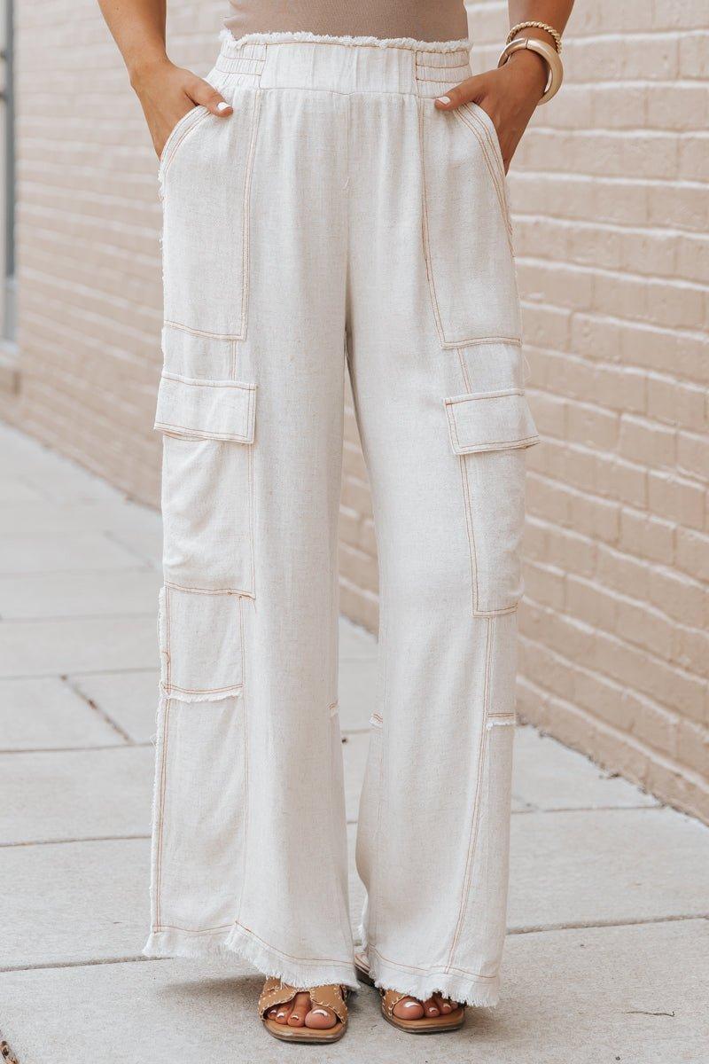 Oatmeal Cargo Linen Wide Leg Pants - FINAL SALE Product Image