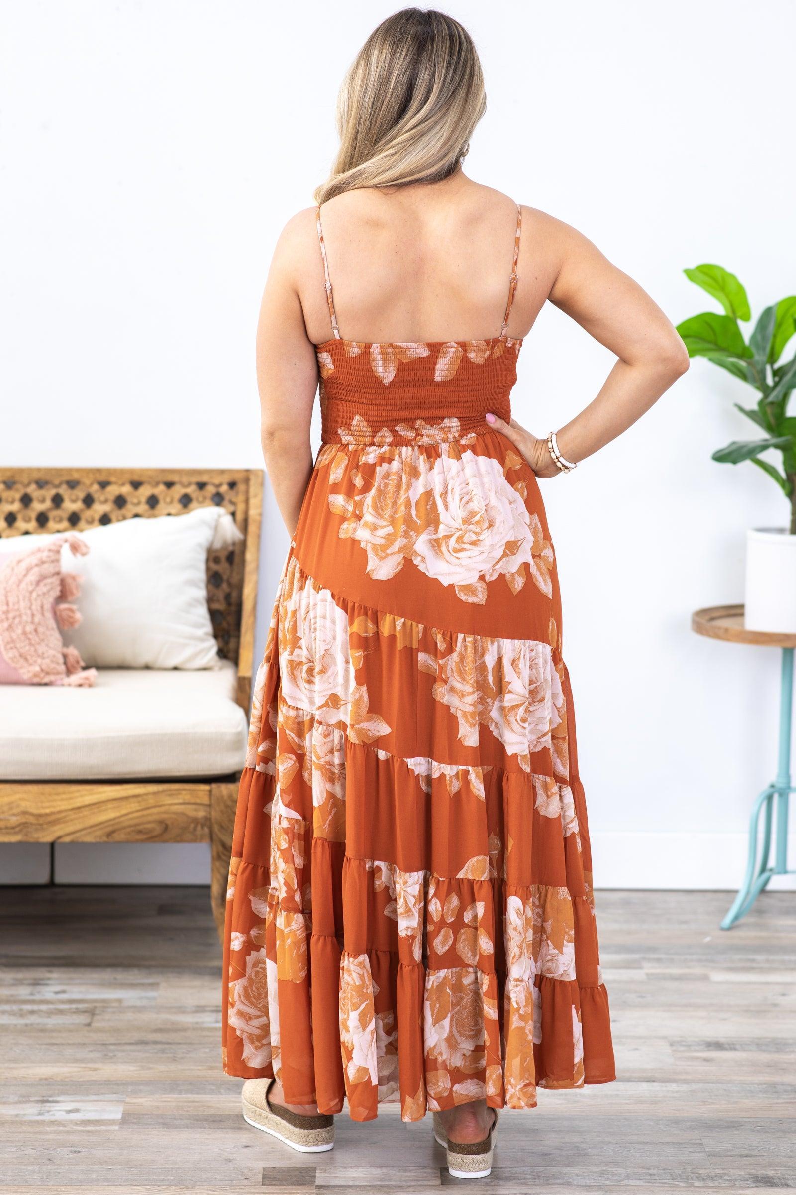 Burnt Orange Floral Spiral Tiered Maxi Dress Product Image