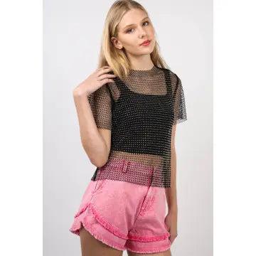 Pink Frayed Layered Washed Cotton Twill Denim Shorts Product Image