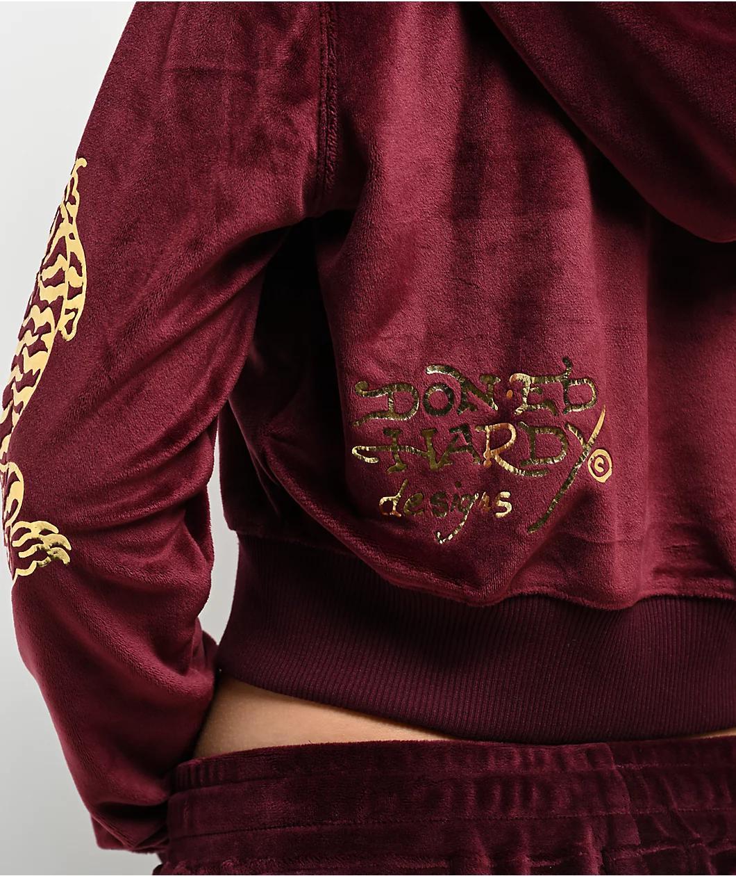 Ed Hardy Retro Tiger Burgundy Velour Crop Zip Hoodie Product Image