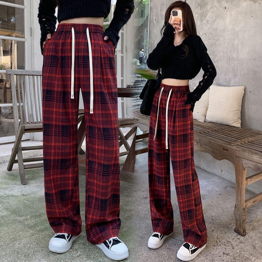 Drawstring Waist Plaid Loose Fit Pants product image