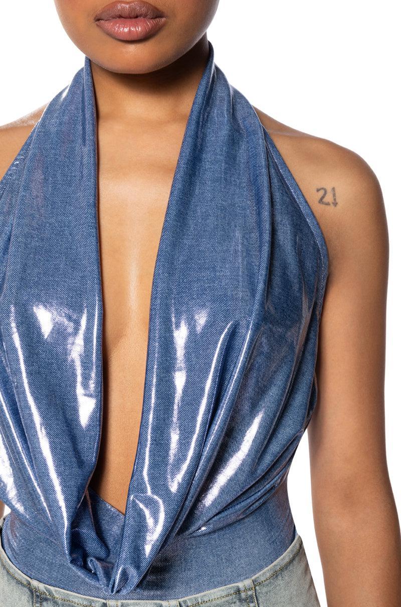 UNDER THE LIGHTS COWL NECK METALLIC BODYSUIT Product Image