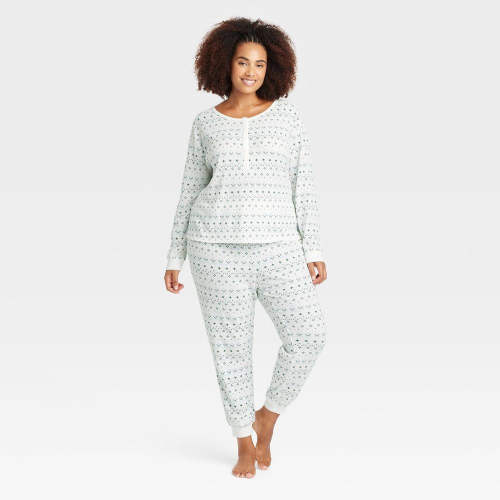 Womens Thermal Long Sleeve Henley Top and Jogger Pants Pajama Set - Auden Cream 2X Product Image