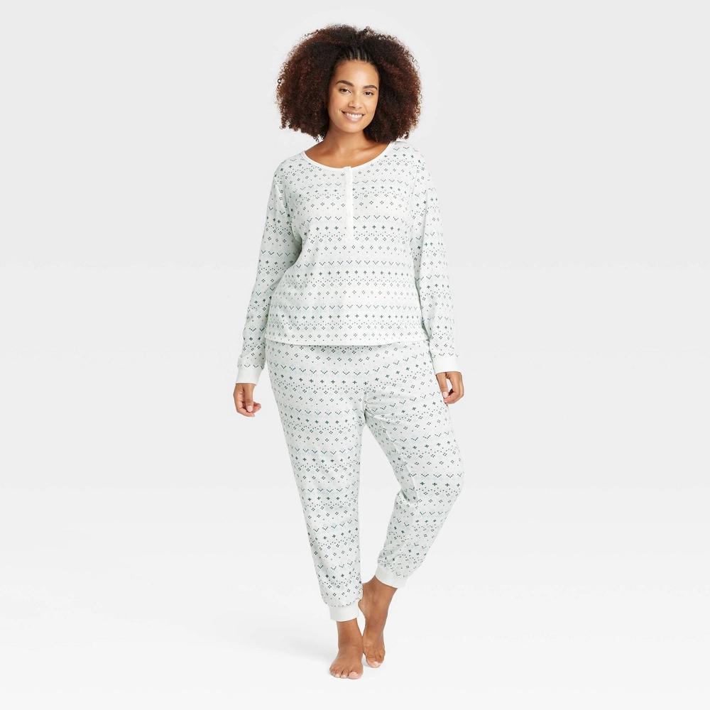 Women's Thermal Long Sleeve Henley Top and Jogger Pants Pajama Set - Auden™ Cream 3X Product Image