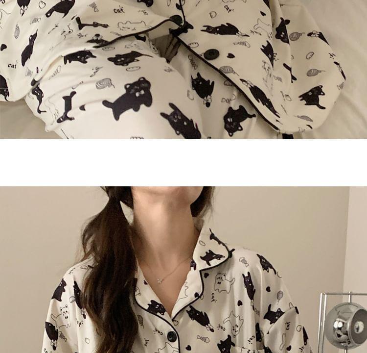 Pajama Set: Cat Print Shirt + Pants Product Image