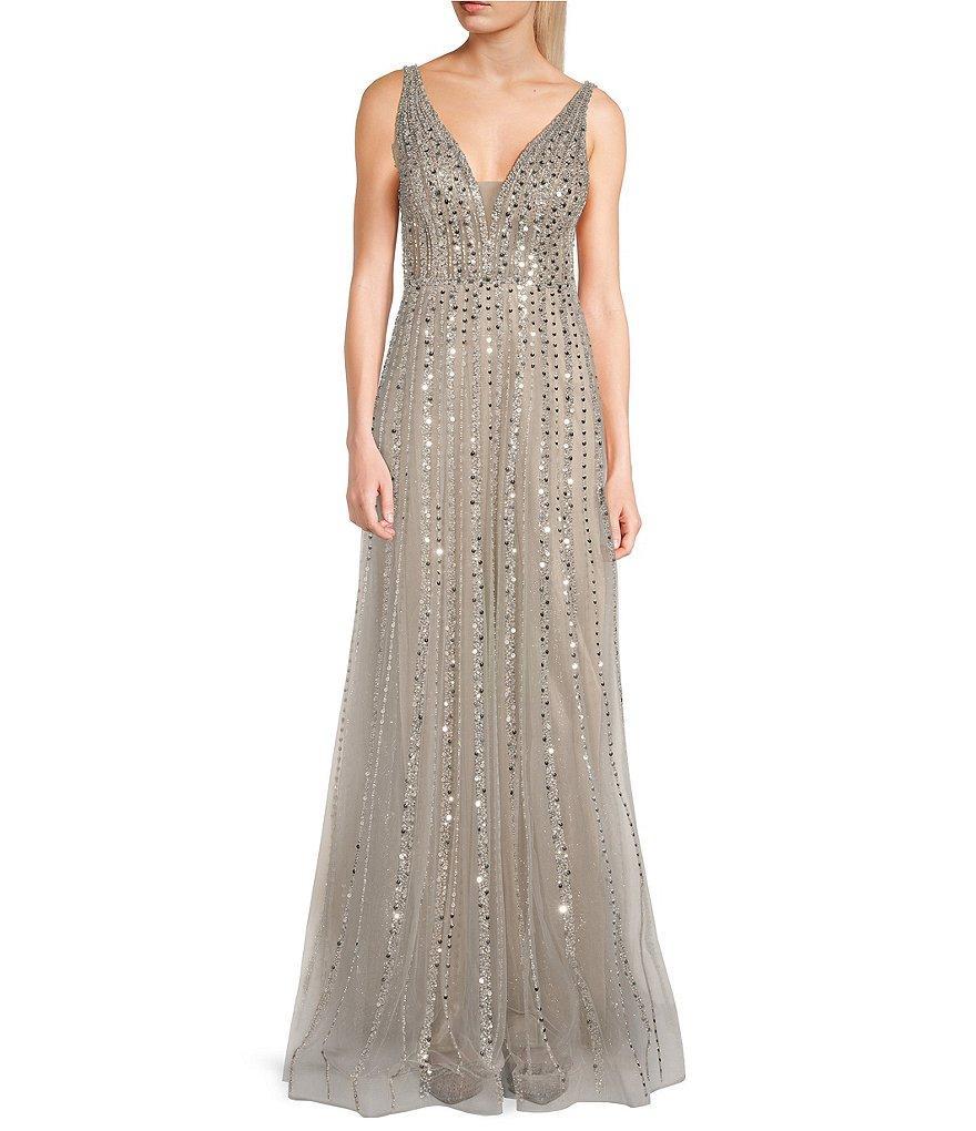 GB Social Beaded Deep V-Neck Beaded Tulle Gown Product Image