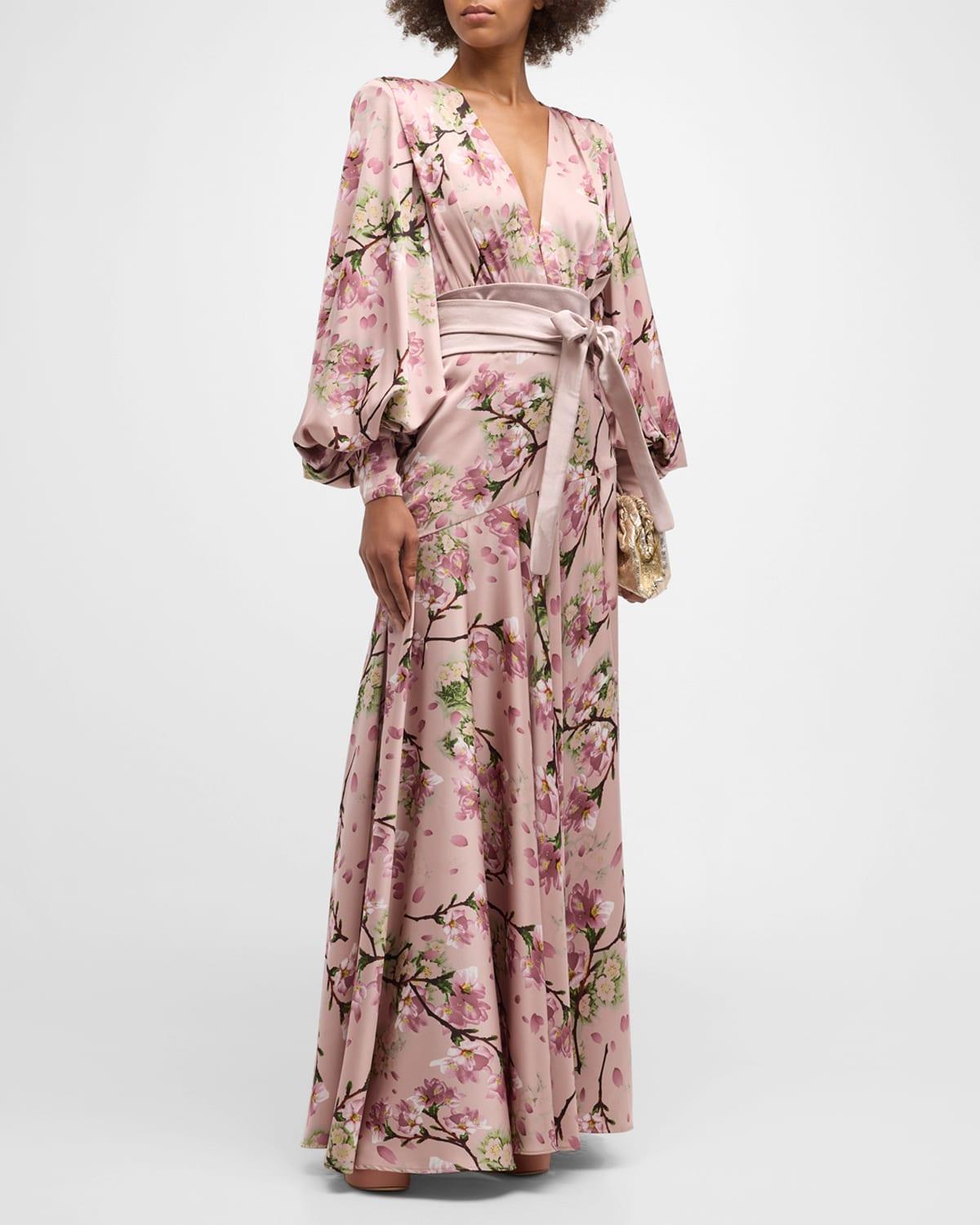 Carmen Sakura-Print Bishop-Sleeve Gown Product Image