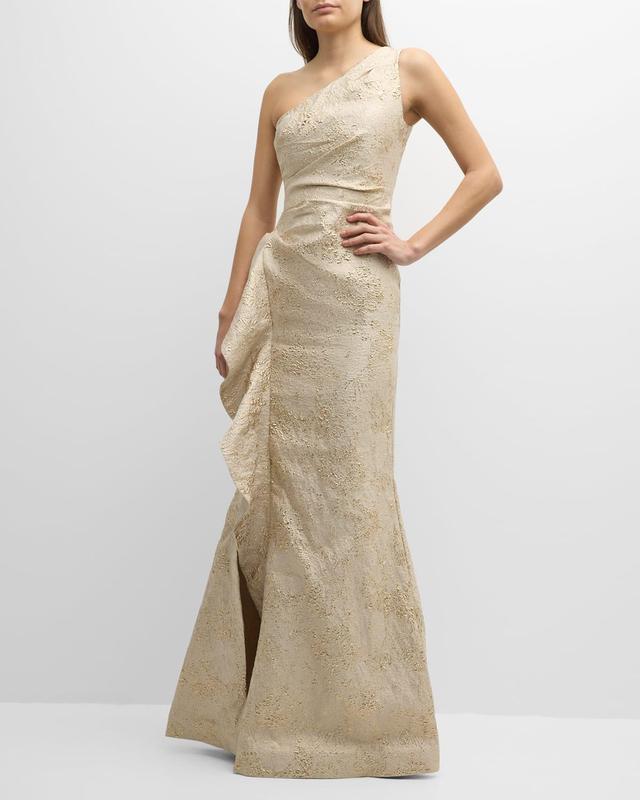 Womens Metallic Jacquard One-Shoulder Gown Product Image