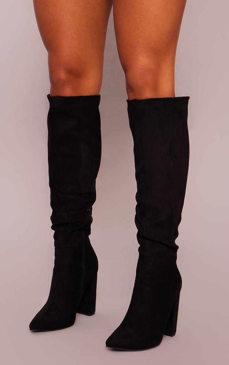 Black Faux Suede Point Toe Knee High Block Heel Boots Product Image