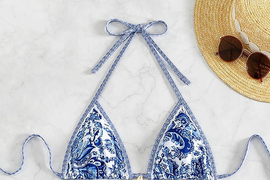 Set: Halter Floral Print Bikini Top + Tie Side Bottom Product Image