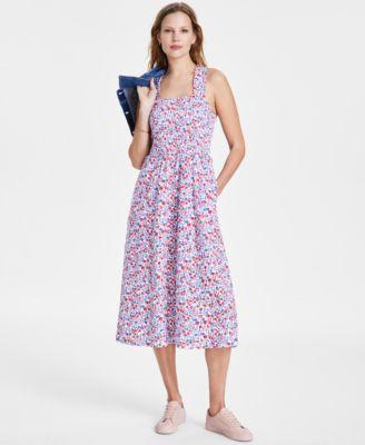 Tommy Hilfiger Womens Smocked Floral-Print Cotton Midi Dress - Brtwht Product Image