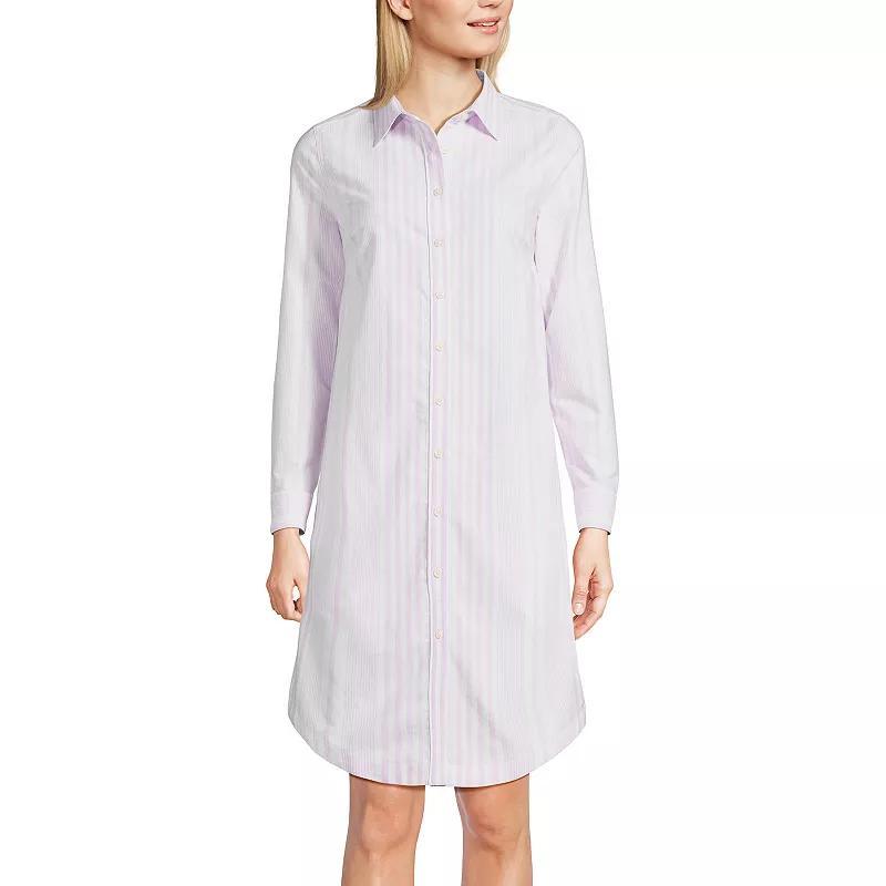 Womens Lands End Oxford Long Sleeve Button Front Shirt Dress Purple Founder Stripe Product Image