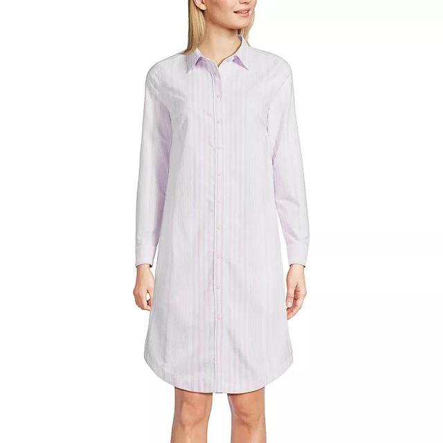 Womens Lands End Oxford Long Sleeve Button Front Shirt Dress Purple Founder Stripe Product Image