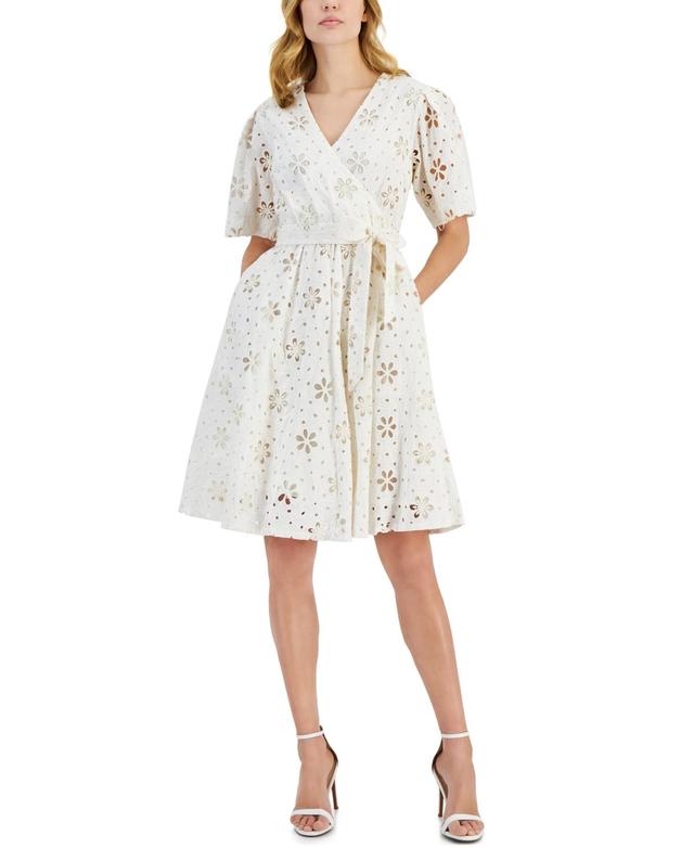 Tahari Women's Floral Embroidered Eyelet Tie Waist Dress, 10 Product Image