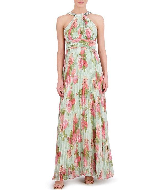 Eliza J Floral Pleated Chiffon Halter Neck Sleeveless Dress Product Image