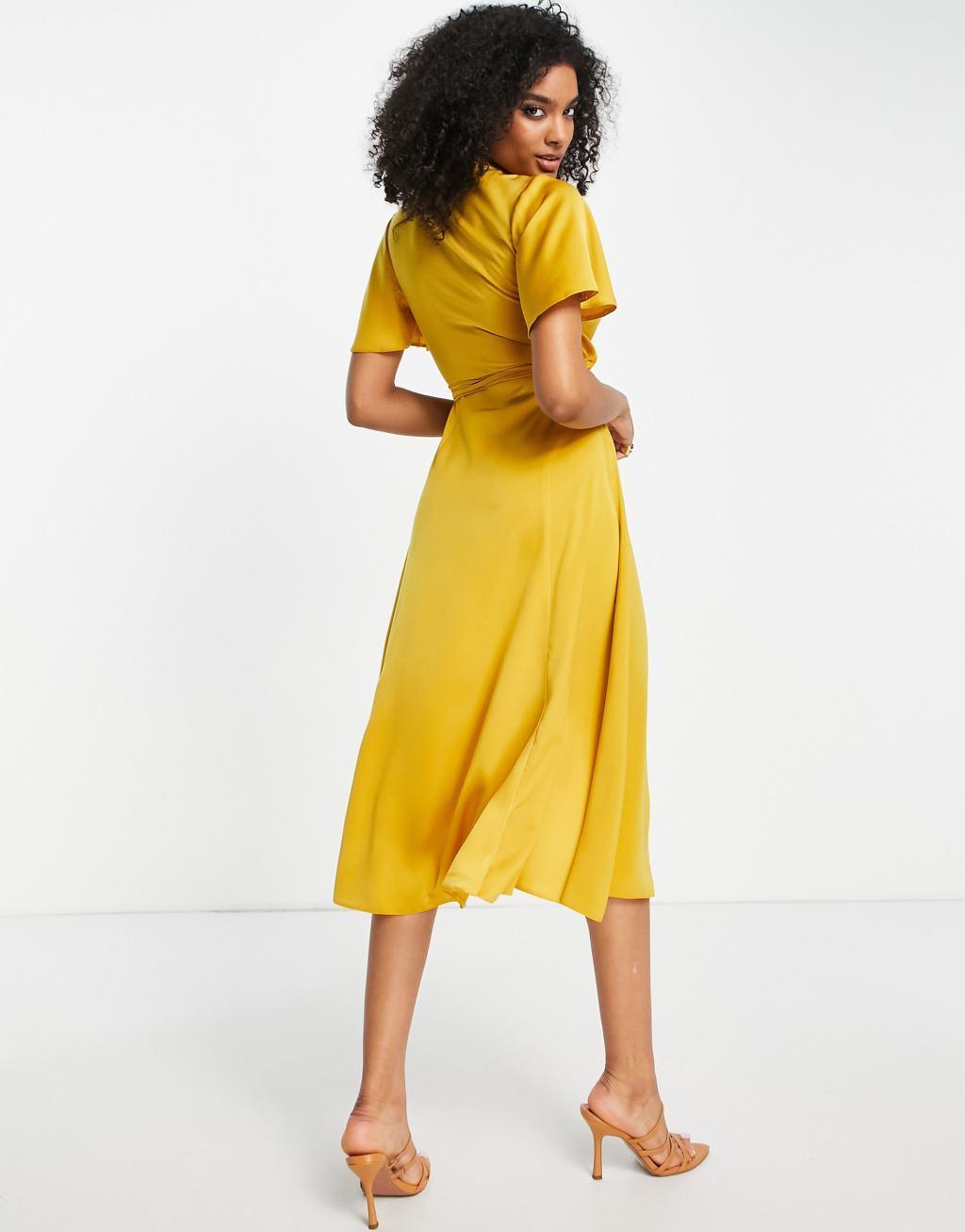 ASOS DESIGN bias cut satin wrap dress with tie waist & flutter sleeve Product Image