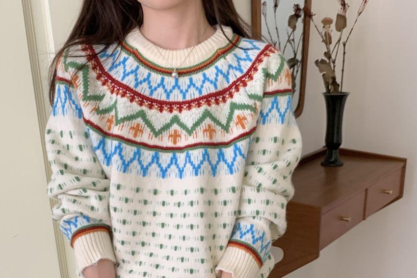 Crew Neck Patterned Sweater Product Image