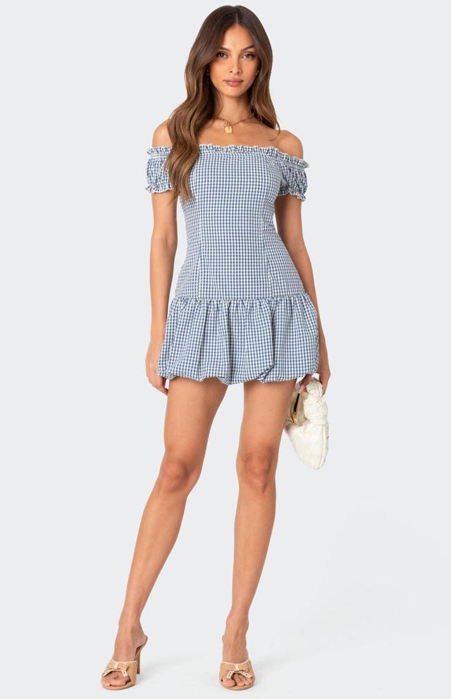 Edikted Women's Gingham Off Shoulder Bubble Mini Dress in Blue/White - Product Image