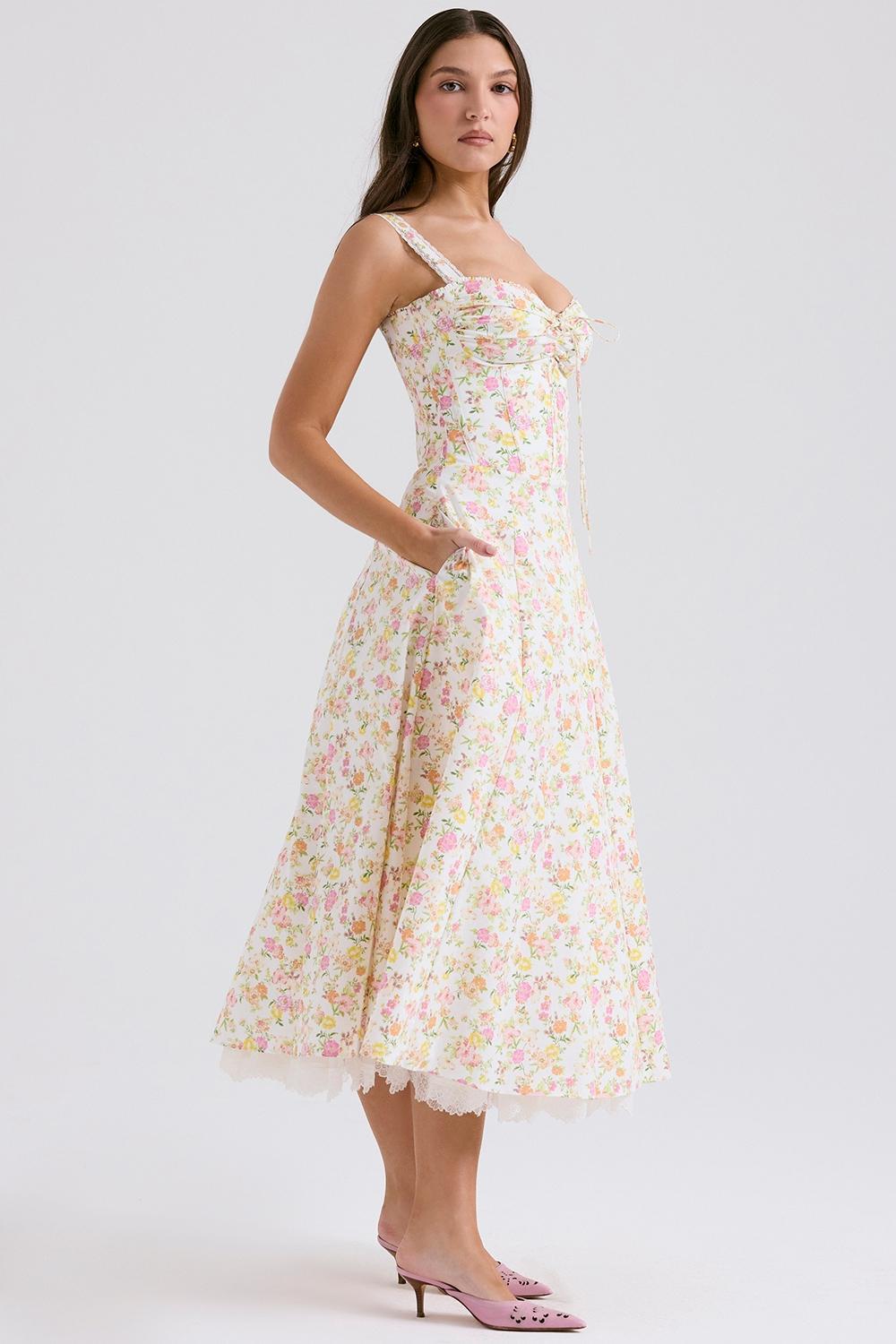 Rosalee Ivory Meadow Print Cotton Bustier Sundress Product Image