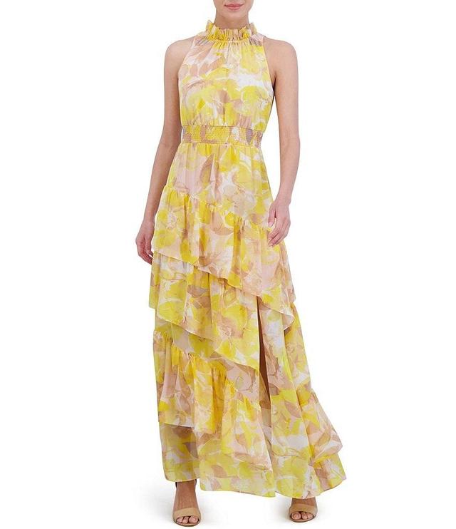 Eliza J Floral Print Chiffon Halter Neck Sleeveless Smocked Waist Asymmetrical Tiered A-Line Maxi Dress Product Image