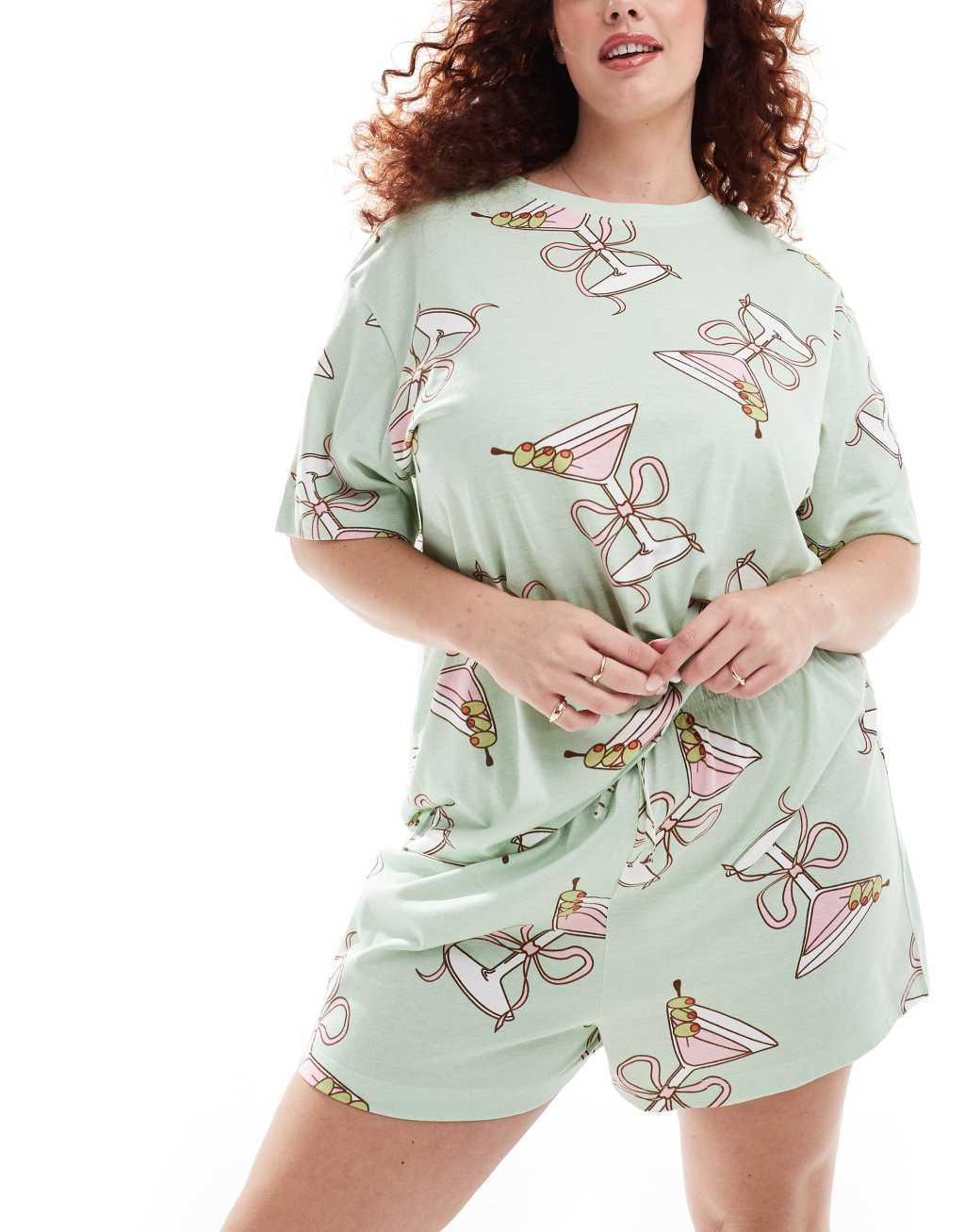 ASOS DESIGN Curve cocktail glass oversized tee & shorts pajama set in green Product Image