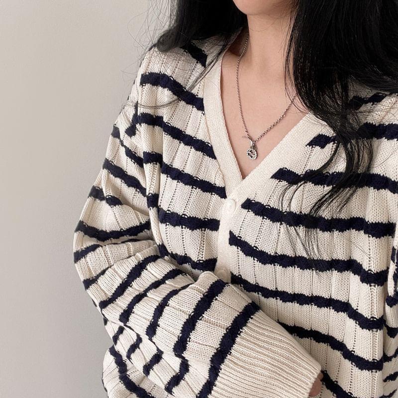 V-Neck Striped Ribbed Cardigan Product Image