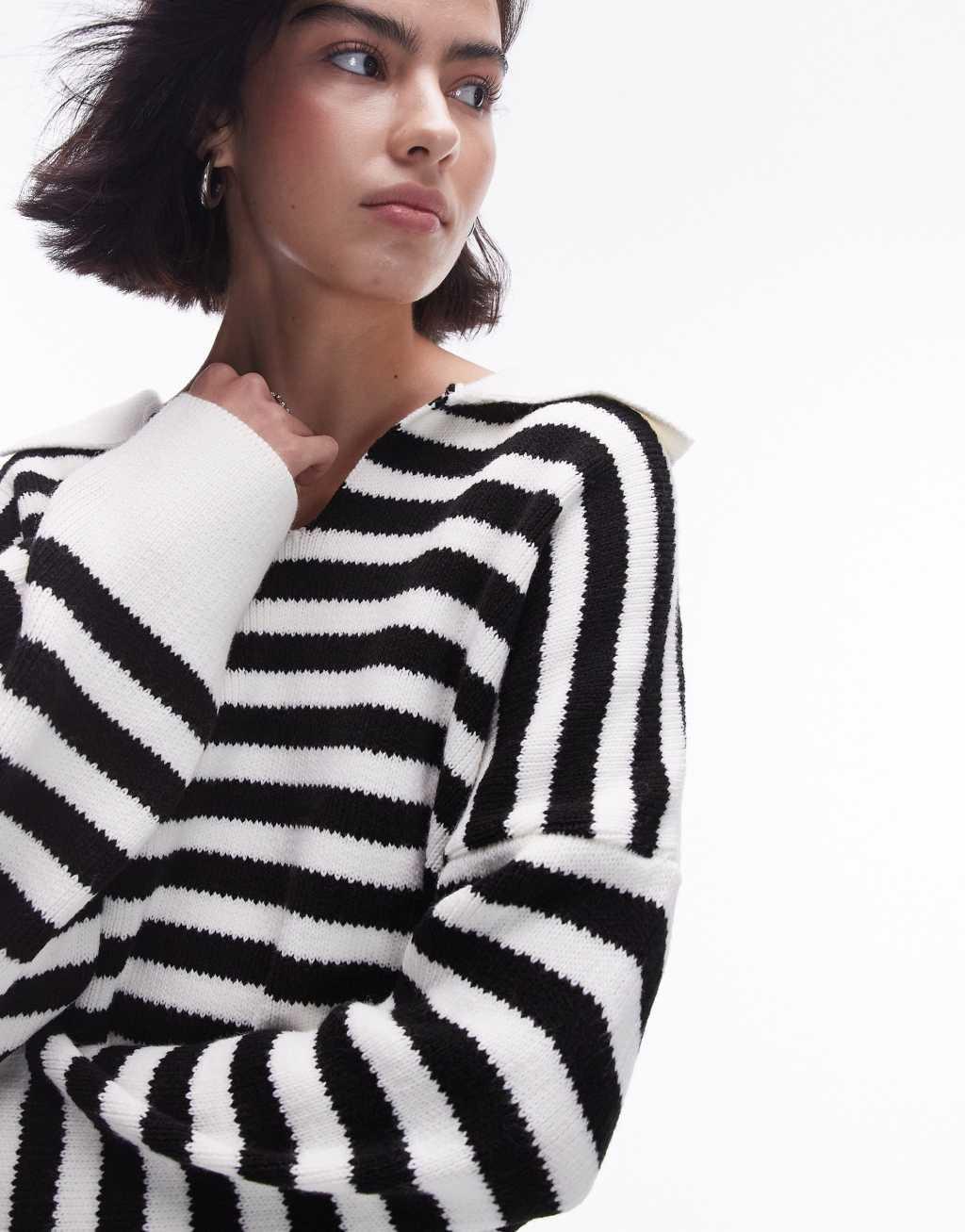 Topshop knit collared striped sweater in mono Product Image