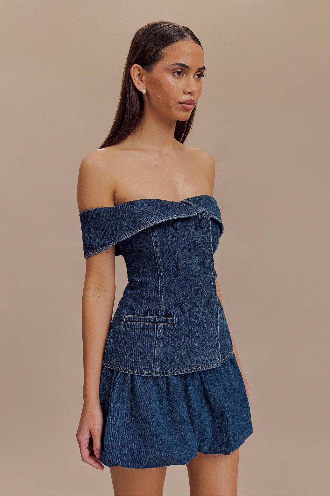 Krista Denim Off Shoulder Top - Dark Blue Product Image