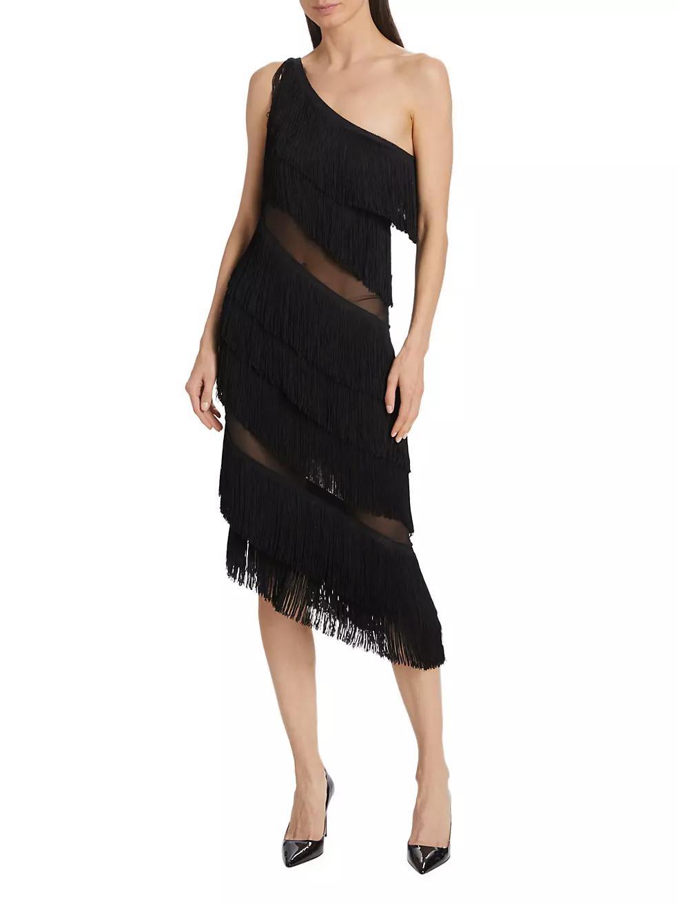 Spliced One-Shoulder Fringe Midi-Dress Product Image