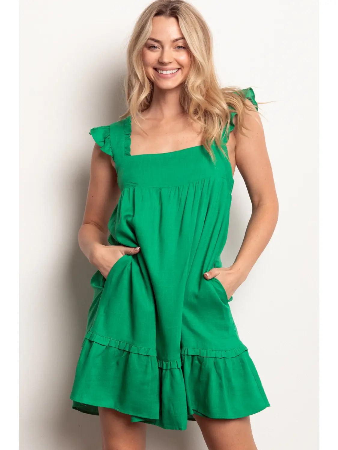 Green Ruffled Solid Linen Backless Mini Dress with Pockets Female Product Image