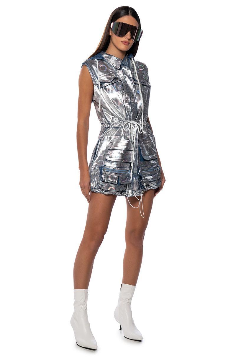 QUASAR FOIL EFFECT DENIM HOODIE MINI DRESS Product Image