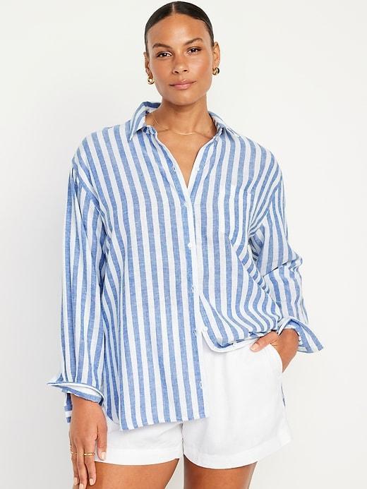 Linen-Blend Button-Down Boyfriend Shirt Product Image