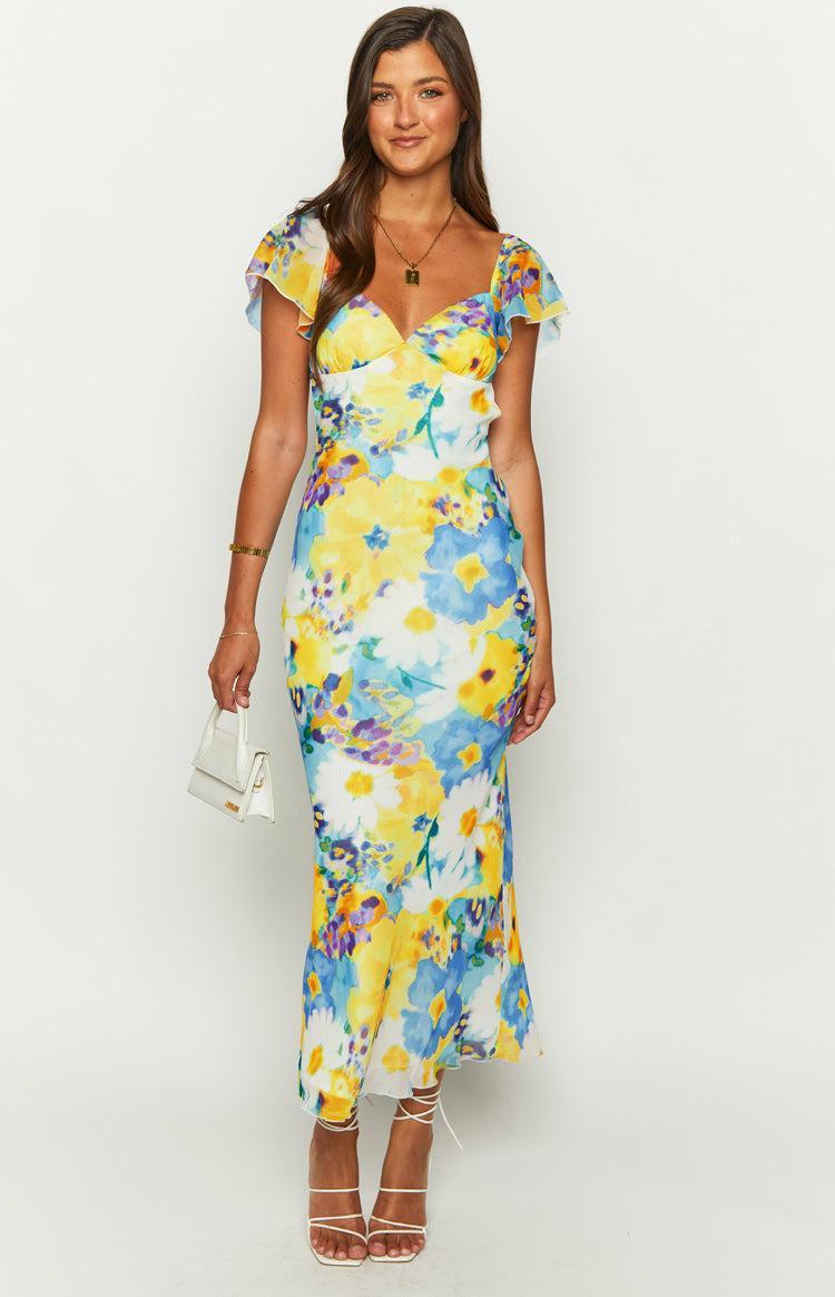 Raymi Blue Floral Chiffon Maxi Dress Product Image