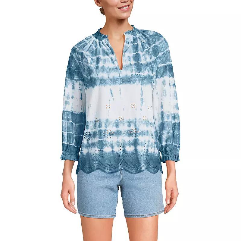 Womens Lands End Eyelet Split Neck Shirt Blue Tie Dye Product Image