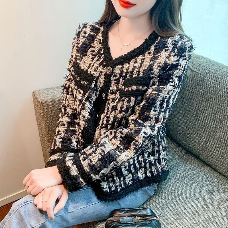 V-Neck Houndstooth Tweed Button Jacket Product Image