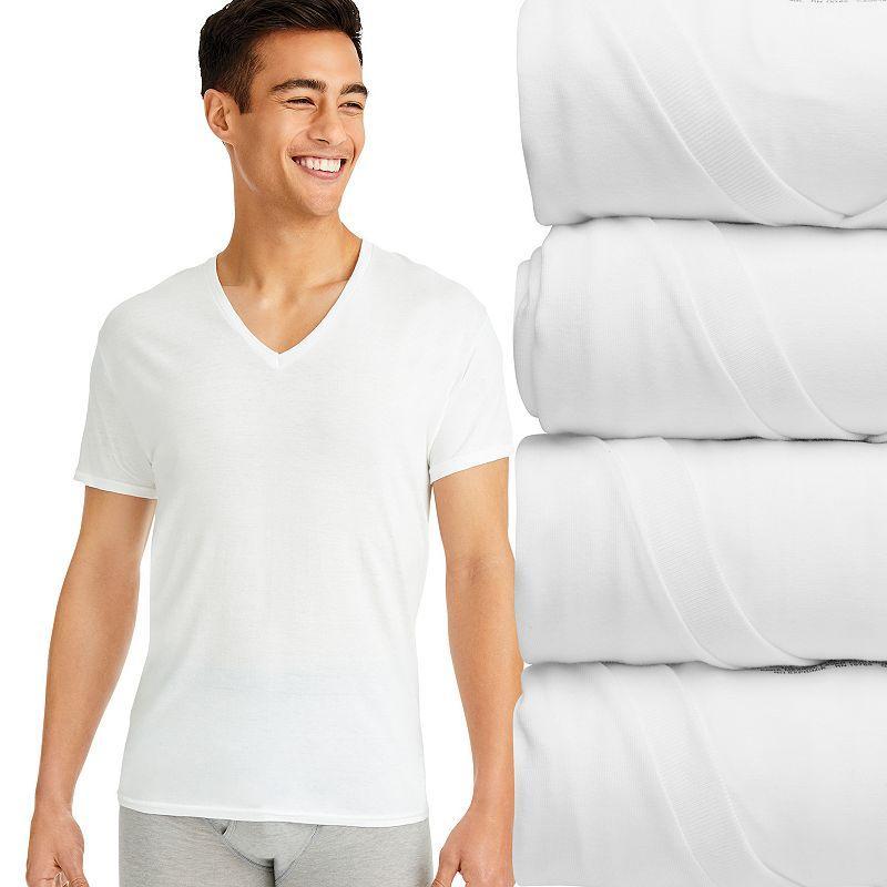 Mens Hanes Ultimate 4-pack Comfort-Fit Stretch V-neck Tees White Product Image