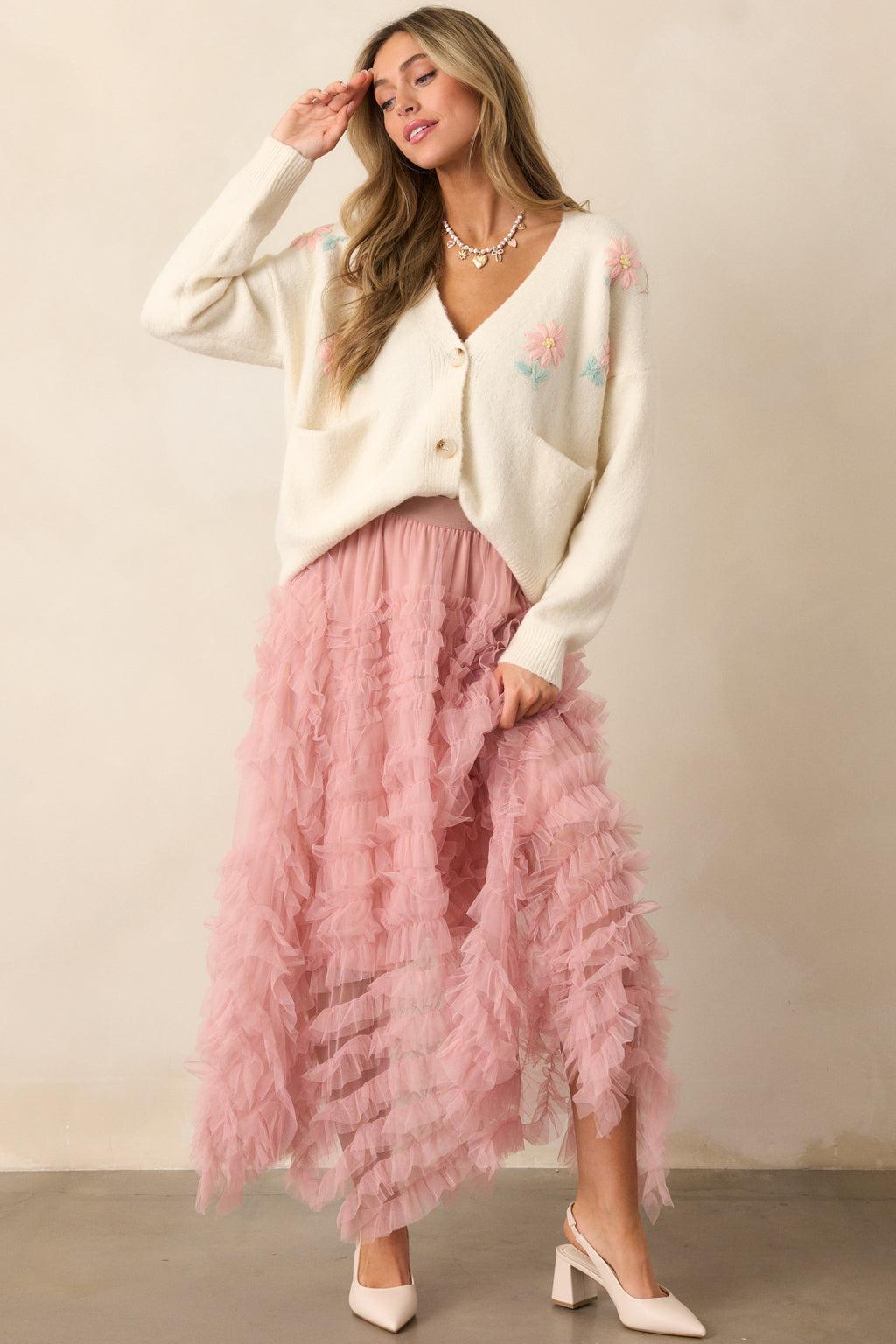 Shopping Spree Rose Tulle Midi Skirt Product Image