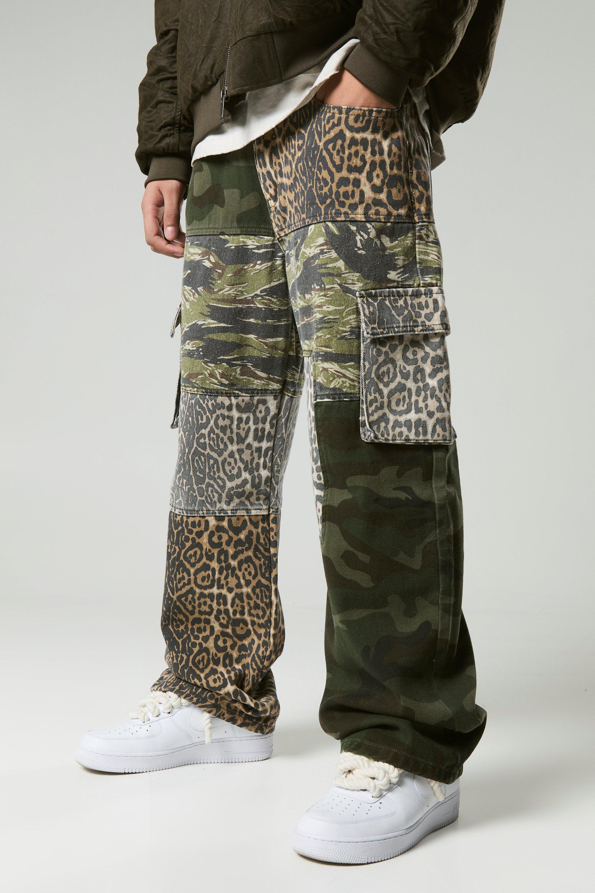 Baggy Fit Camo Leopard Patchwork Pants | boohooMAN USA product image