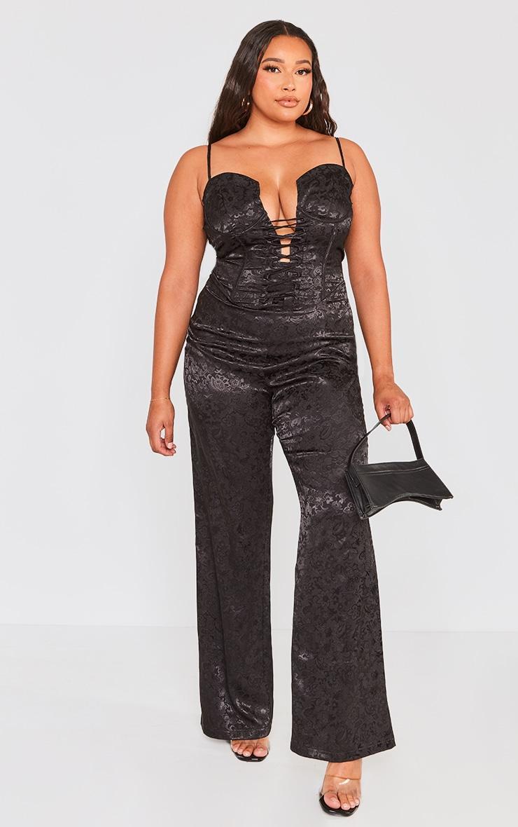 Plus Black Jacquard Lace Up Corset Jumpsuit Product Image